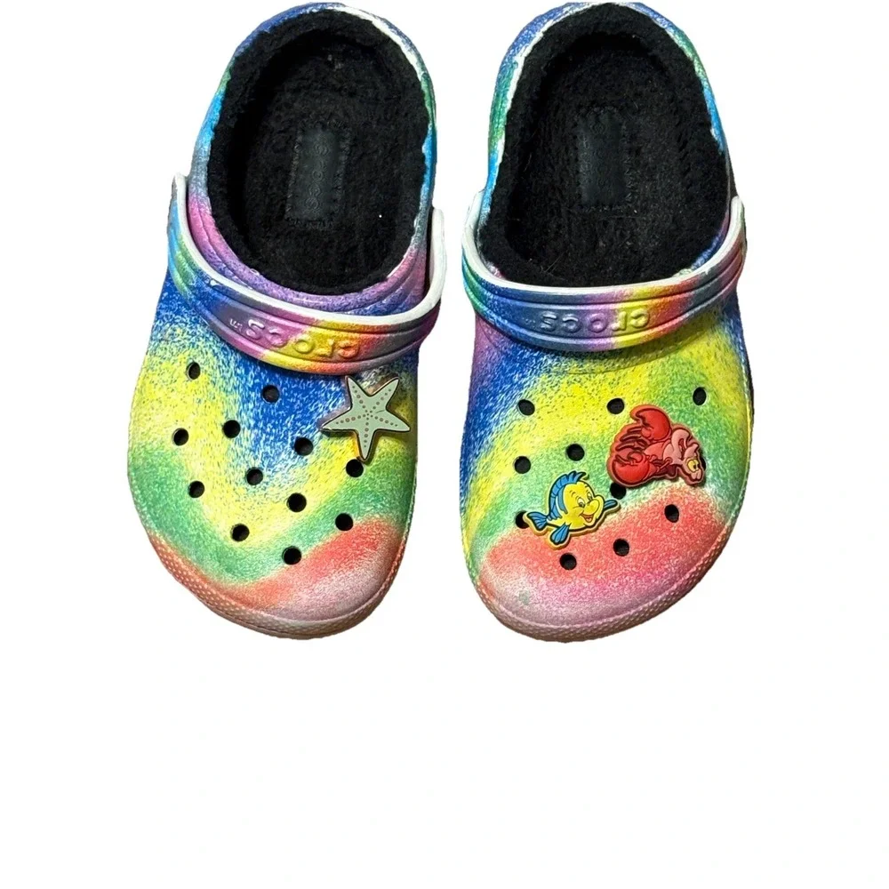 CROCS Classic Faux Fur Lined Tye Dye Spray Kids Size C12‎ Girls Mermaid Jibbitz